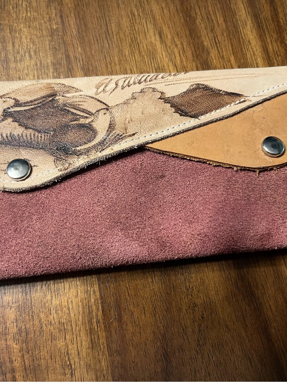 Handmade El Salvador Brunt Leather & Suede Foldover Wallet Clutch - Brown/Maroon